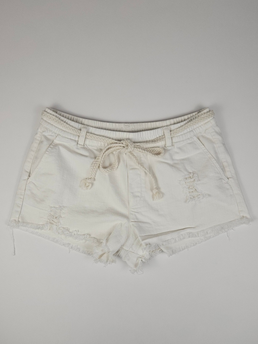 Aerie White Distressed Denim Shorts Rope Belt Frayed Hem Medium